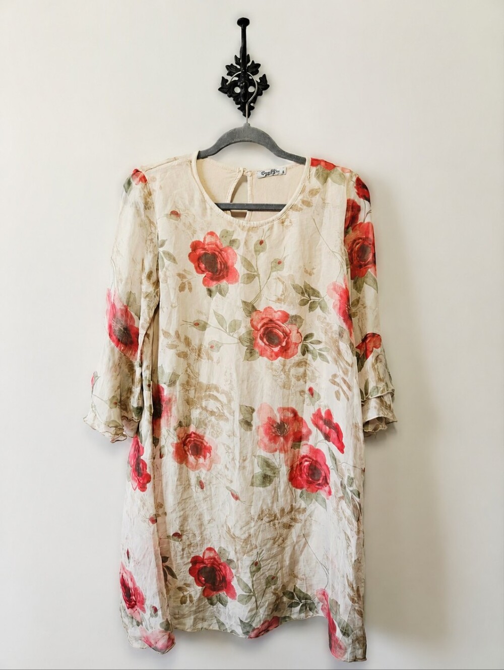 Elena Baldi 100% Silk Floral Dress Size S Ruffle Sleeve Rose Made In Italy